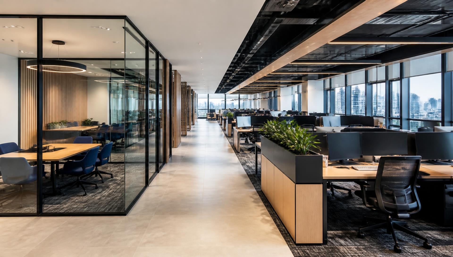 Contemporary office with glass meeting rooms and modern workstations